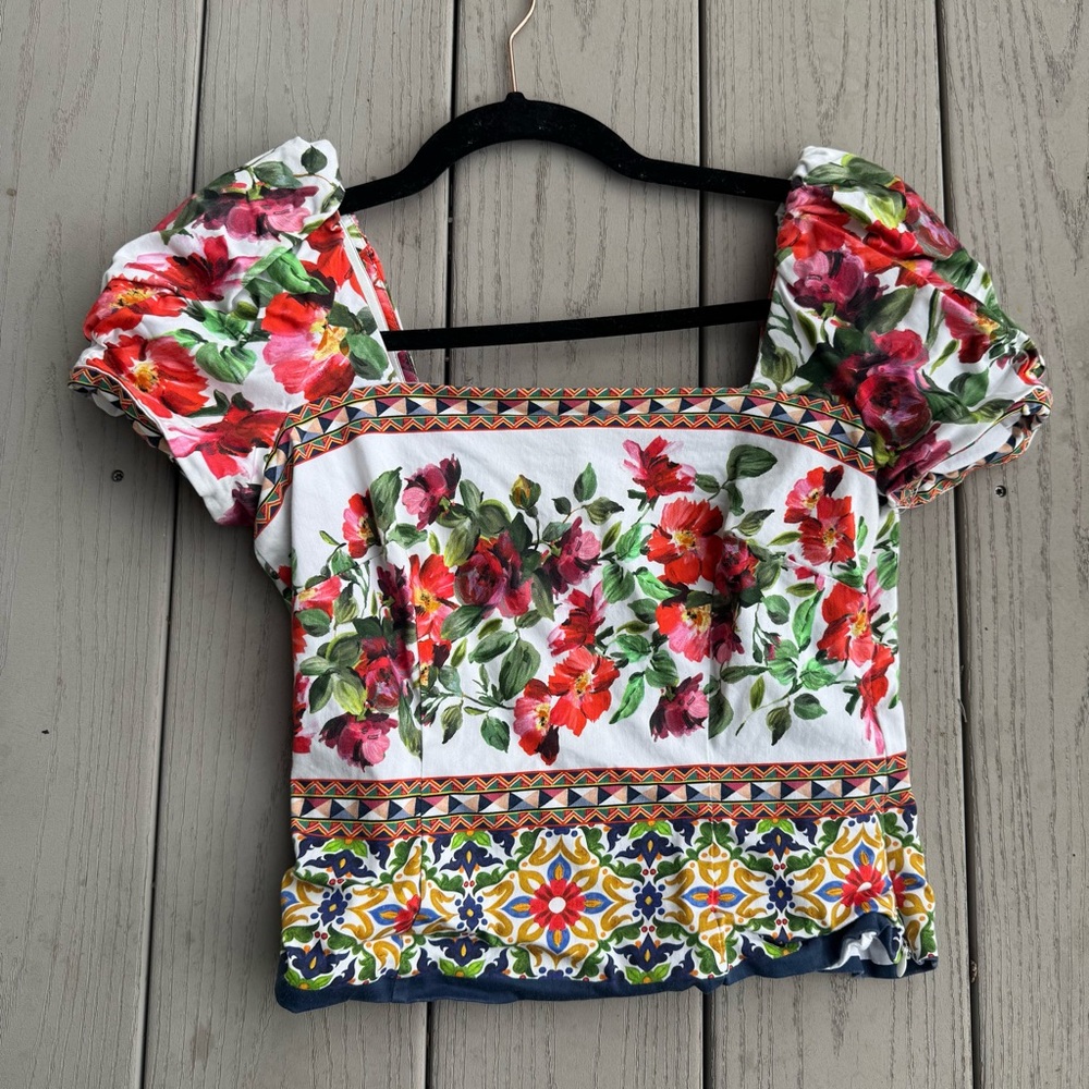Antonio Melani Floral Puff-Sleeve Square Neck Top - Red Green Floral XS 2 artsy